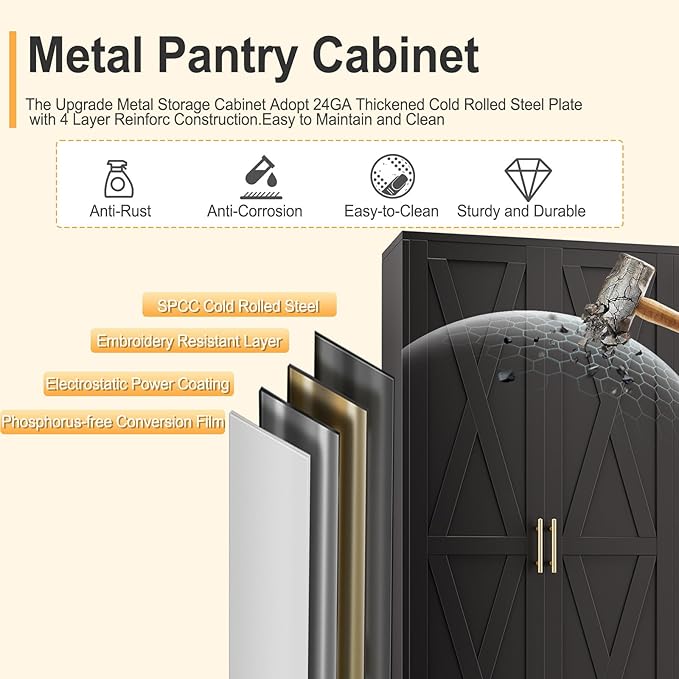 61" H Metal Kitchen Pantry Storage Cabinet, Freestanding Cupboard with 2 Doors and 3 Adjustable Shelves, Standing Storage for Kitchen, Bathroom, Garage, Dinning Room or Utility Room（Black）