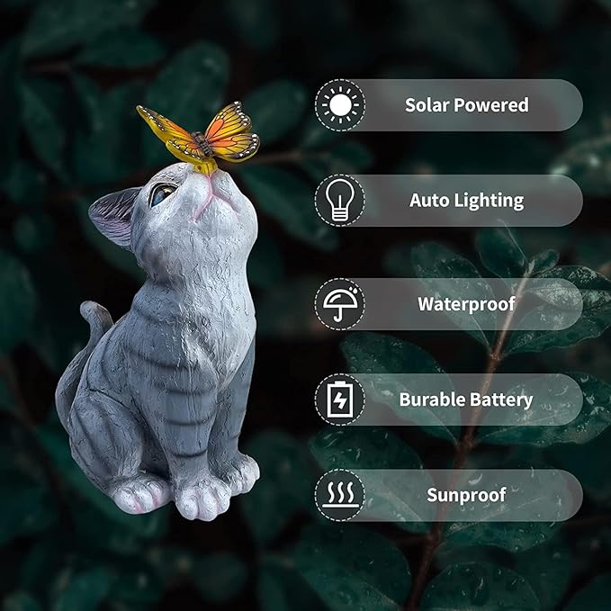 Cat Garden Figurines Outdoor Decor Solar Statue with LED Lights for Patio Lawn Yard Art Decoration Housewarming Garden Gift