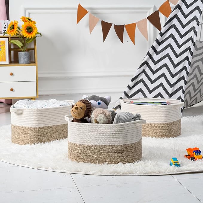 Cotton Rope Woven Storage Basket, Used for Baby Hamper Toy Organizer, Gift Baskets Empty,Kids Laundry Basket,Baby Blanket Basket. Size 15x10x8.7 Inches. (White&Brown-3PCS)