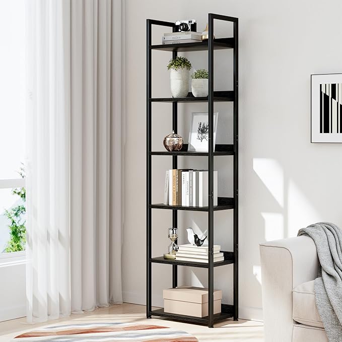 NUMENN Narrow Bookshelf, 6 Tier Bookshelves, Home Office Bookcase Shelf Storage Organizer, Free Standing Storage Shelving Unit for Bedroom, Living Room and Home Office, Black