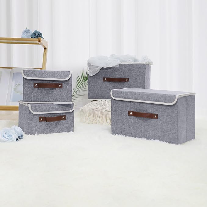 ANMINY 4PCS Storage Bins with Lid PU Leather Handles Storage Boxes PP Plastic Board Decorative Foldable Lidded Cotton Linen Fabric Home Cubes Baskets Closet Organizer Containers - Gray, Large Size