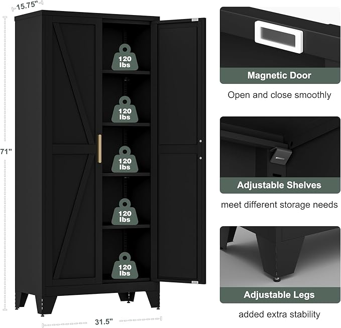 71'' Farmhouse Metal Storage Cabinet with Barn Doors,Steel File Cabinet for Home Office,Kitchen Pantry 4 Adjustable Shelves,Freestanding Cupboard for Kitchen,Home Office (Black)