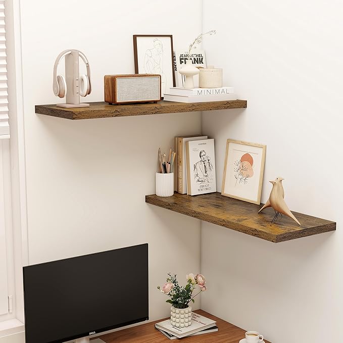 36" Floating Shelves for Wall, 12" Deep Slim Rustic Brown Floating Shelves, Wall-Mounted Shelves for Bedroom, Living Room, Kitchen, Bathroom - Set of 2