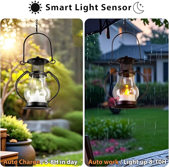Solar Hanging Lanterns Outdoor Waterproof, Vintage Mini Metal Lantern with Flickering Solar Powered Tea Lights, Perfect Chargeable Solar Lights for Backyard Patio Garden Fence Tree Decoration-4Pack