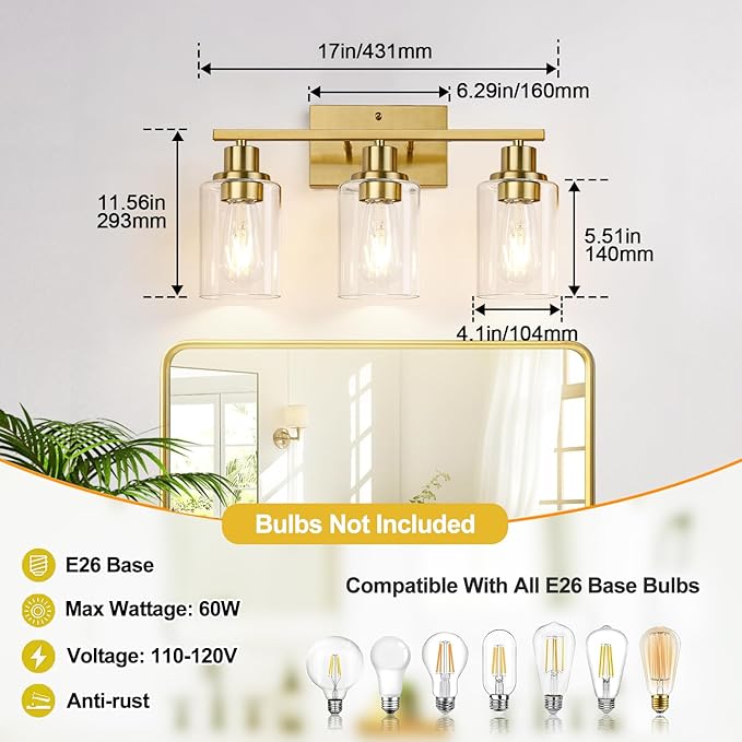 3-Light Vanity Lights with Clear Glass Shades, Brushed Gold Bathroom Light Fixtures Over Mirror, Modern Bathroom Wall Lamp for Mirror Living Room Cabinet Bedroom Porch