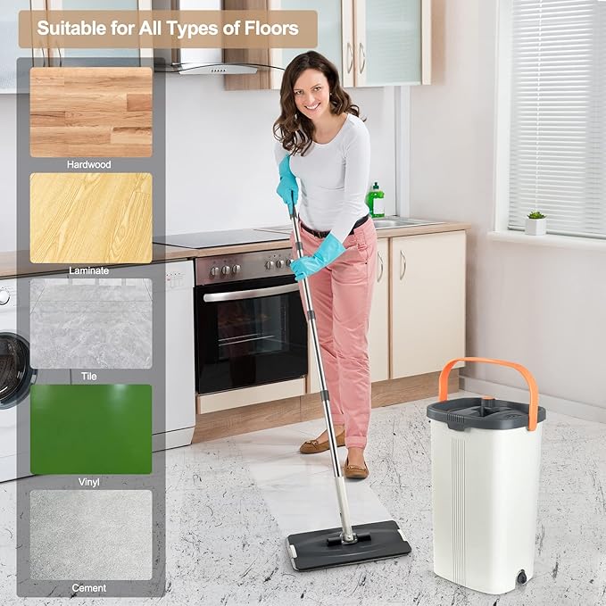 Jelymark Flat Mop and Bucket with Wringer Set, Separates Dirty and Clean Water, 3-Chamber Mop Wet and Dry Use, Not-Hands Squeeze Mops for Floor Cleaning, 8 Reusable Microfiber Mop Pads Included