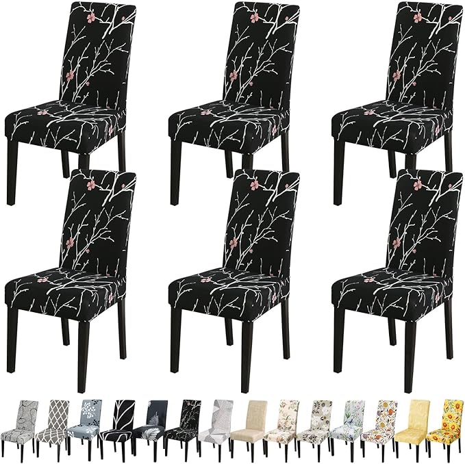 JQinHome Pattern Chair Covers for Dining Room Set of 6, High Stretch Removable Washable Parsons Chair Slipcover for Home Party Hotel Wedding Ceremony (Flourish Black,6PCS)