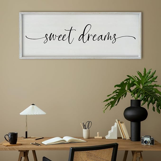 SRSZHIYUE Sweet Dreams Above Bed Wall Decor, 40"x15" Large Rustic Master Bedroom Over Bed Sign Guest Room Couples Wood Framed Farmhouse Horizontal Hanging Decoration (White)