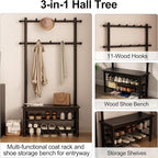 Coat Rack with Shoe Storage, Wooden Hall Tree with Bench, 11 Hooks and 2-Tier Storage Shelves, 3-in-1, Entryway Bench with Coat Rack (31.5"-Deep Black)