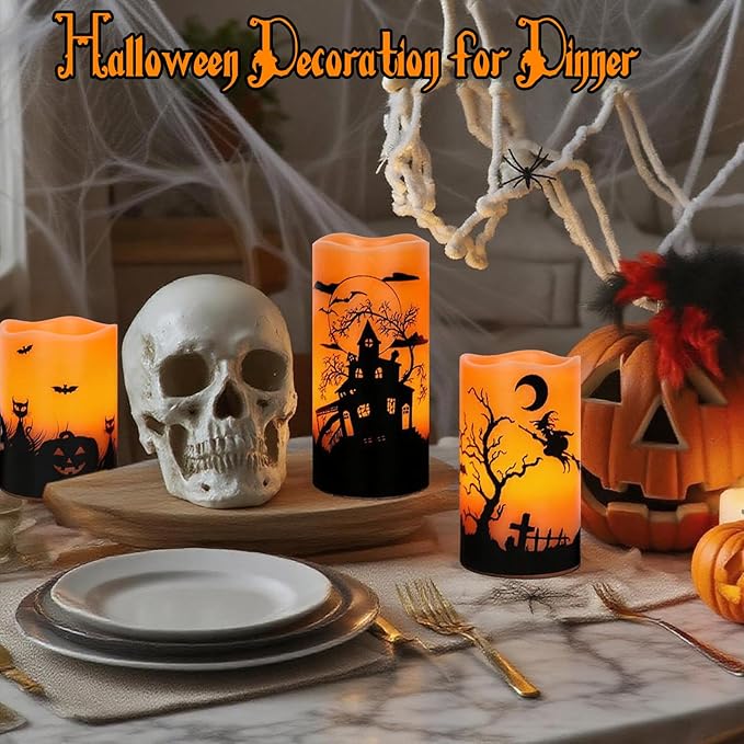 Wondise Halloween Rechargable Flickering Flameless Candles with 6H Timer, Battery Operated LED Real Wax Candles with Charging Base Set of 3 Halloween Home Decoration Gifts(3 x 4 5 6 Inch)