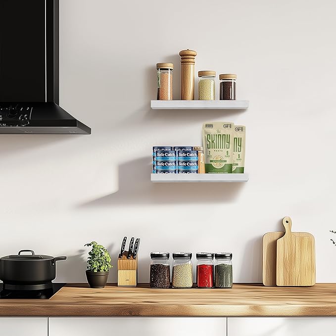 Floating Wall Shelves - 16"x6.8"x1.2" Sturdy Rustic White Solid Wood Shelves for Storage and Décor, Easy Installation for Living Room, Bedroom, and Kitchen - 2 Pack