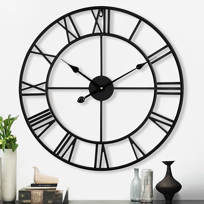 CLXEAST Silent 24 Inch Wall Clocks for Living Room Decor, Large Black Metal Roman Numeral Wall Clocks for Modern Farmhouse Home Decor,House Warming Gifts New Home