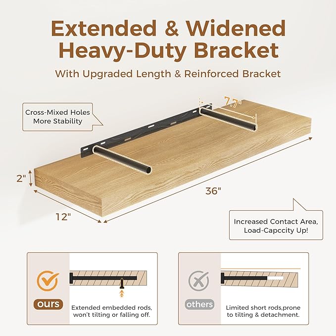 Floating Shelves 36 Inch Long, 12 Inch Deep Floating Shelves for Wall, 36 x 12 Shelves for Wall Storage & Display, 2" Thick Floating Shelf for Bathroom, Living Room, Bedroom, Oak Color, Set of 1