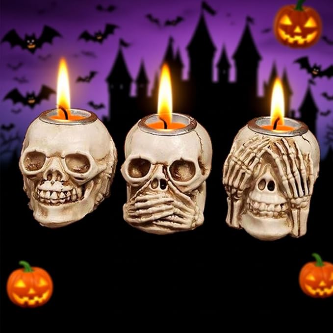Halloween Skull Candle Holder, Skeleton Head Candlestick Holders Table Decor Centerpiece Candlesticks, Resin Horrible Spooky Creepy Crafts for Flameless Candle Halloween Christmas Home Party, Set of 3