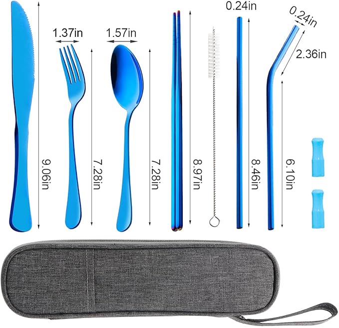 Travel Utensils Set with Case Reusable Portable Cutlery Set Stainless Steel 8pcs Including Dinner Knife Fork Spoon Chopsticks straws(Blue)