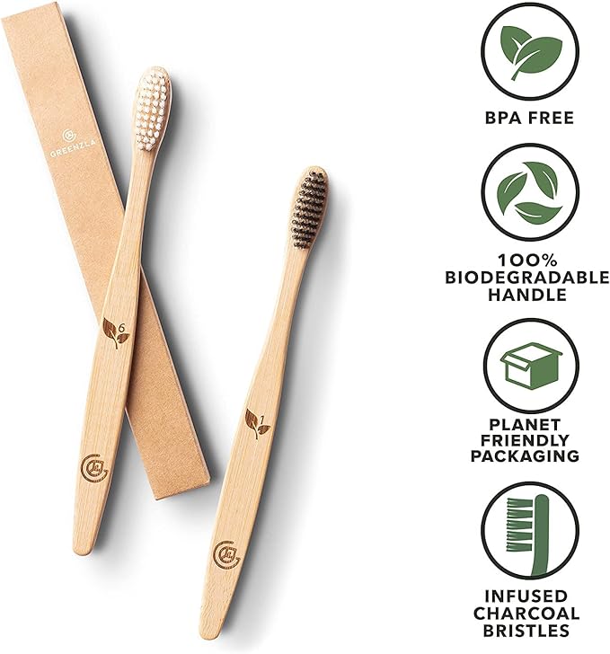 Greenzla Bamboo Toothbrushes for Adults – 12 Pack Wooden Toothbrush Set with Charcoal-Infused Soft Bristles, Natural Oral Care for Daily Use