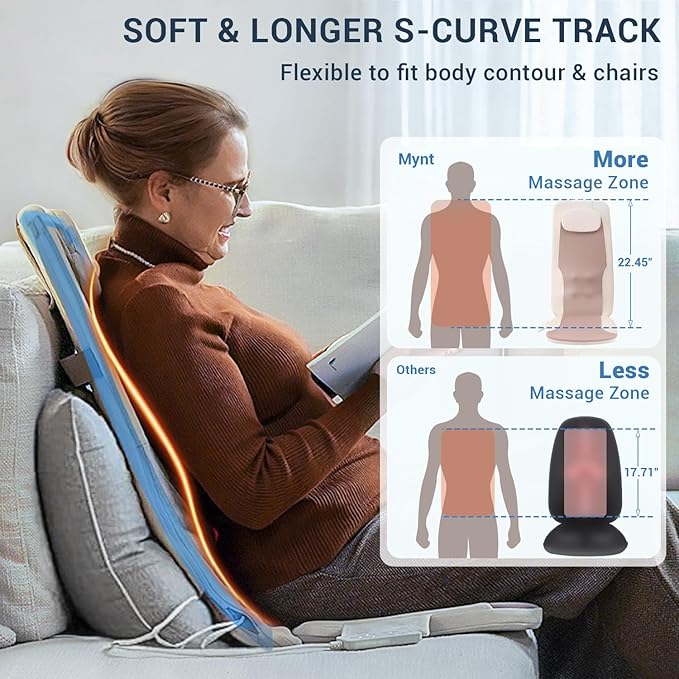 Mynt FSA HSA Eligible Foldable Back Massager, Chair Massager with Soothing Heat, Flexible Massage Chair Pad with Soft S-Curve Longer Track Adjustable Pillow for Diverse Body Contours, FSA/HSA Approved