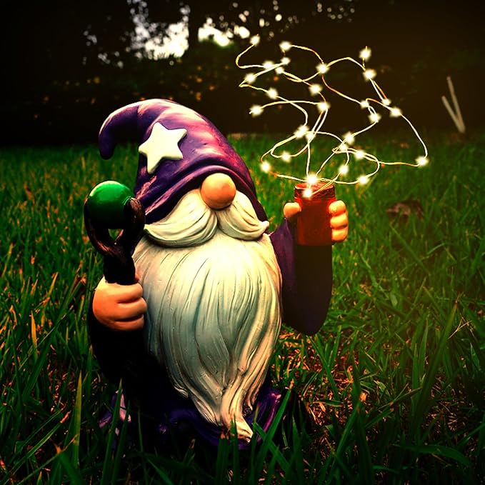 Resin Gnome Statue Outdoor Decor Waterproof Firework Solar LED Lights Gnomes Garden Sculpture Decorations for Outside Lawn Patio Yard Ornament Gifts (Gnome)