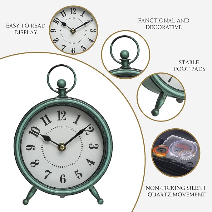 Vintage Small Rustic Green Table Clock on Stand - Decorative Desk and Shelf Clock, Battery Operated, Silent Non-Ticking Timepiece Perfect for Office, Living Room, and Bedroom Decor