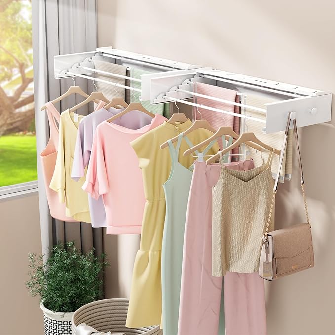 Wall Mounted Drying Rack with 4 Hooks and Shelf, Foldable Clothes Drying Rack for Laundry Room, Collapsible Laundry Rack Wall Mount, for Indoor Outdoor Hanging Clothes, 23.6 Inch