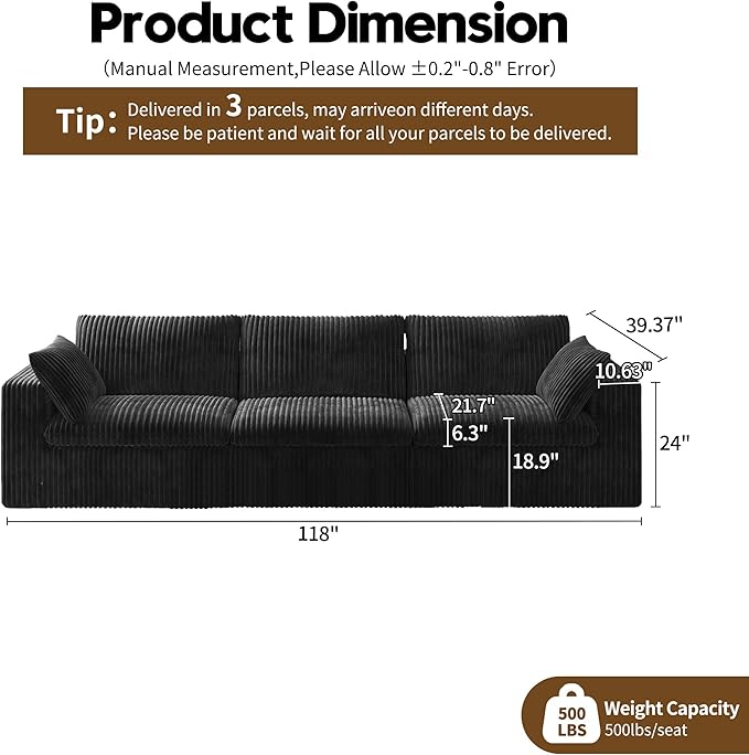 118" 3-Seater Cloud Sofa,Modular Sectional Couch,Modern Deep Seat Upholstered Couches with Plush Corduroy Fabric for Living Room Furniture,Bedroom and Apartment,No Assembly Required,Black