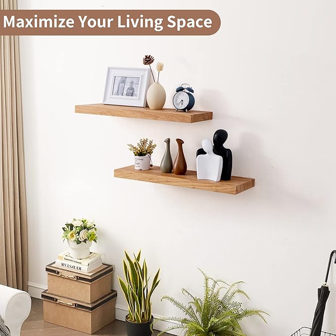Axeman Floating Shelves for Wall, 24''W x 8'' D Rustic Solid Elm Wood Shelves for Storage, Wall Mounted Display Shelving with Invisible Heavy-Duty Metal Bracket (Natural, 2PCs)