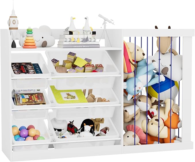Kids Toy Storage Organizer with 3 Removable Plastic Bins Toddler Montessori Bookshelf with Stuffed Animal Net Holder Baby Bookcase Plush Organizer for Playroom, Bedroom,Kids Room,Classroom,Nursery