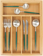 VaeFae Bamboo Drawer Organizer, Expandable Silverware Drawer Organizer, Cutlery Tray with Dividers for Kitchen Utensils, Medium