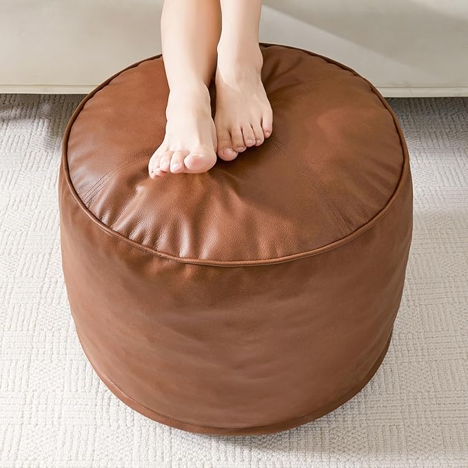 HIGOGOGO Round Stuffed Pouf Ottoman, Pu Leather Poufs with Foam Chunk Filling, Furry and Fluffy Pouf Foot Stool Storage Ottoman, 20 X 15 Floor Poufs Foot Rest for Living Room,Brown