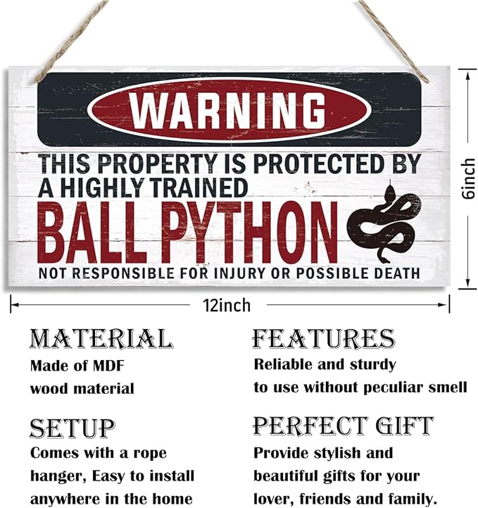 Warning Sign, Ball Python Warning Wood Plaque Sign, Funny Door Signs, Decorative Wood Hanging Suspension Plaque, Farmhouse Wooden Wall Decor, Outdoor Hanging Wooden Signs