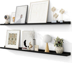 Solid Ash Wood Picture Ledge Shelf, Floating Shelves Set of 2, 56 Inch Long Large Ledge Shelves, Nursery Book Shelves Wall Mounted for Living Room Bedroom Kitchen Decor Kids Bookshelf, Black