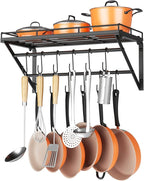 OROPY 23 Inch Wall Mounted Pot Rack Storage Shelf with 2 Tier Hanging Rails 12 S Hooks included, Ideal for Pans, Utensils, Cookware, Plant Black