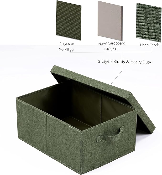HOONEX Storage Bins with Lids for Organizing, Pack of 2, Storage Boxes with 2 Carrying Handles and Sturdy Heavy Cardboard, 16.5" L x 11.8" W x 7.5" H for Shoes, Books, Clothes, Olive
