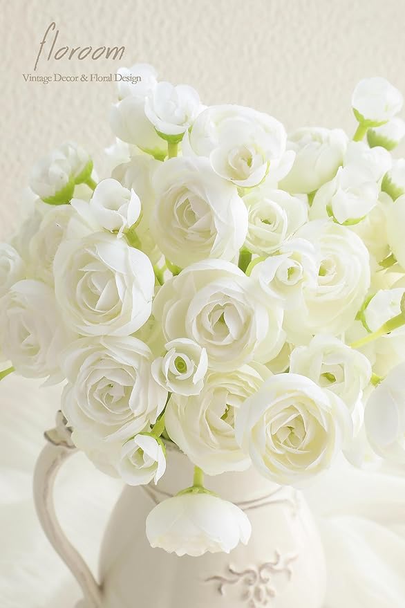 Floroom Ranunculus Artificial Flowers 18 Pcs Ivory Faux Silk Mini Ranunculus Bulk Fake Wedding Filler Flowers for DIY Bouquets, Centerpieces, Bridal Shower Decorations & Arrangements