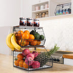 Fruit Basket, Stackable Wall Mounted Fruit Baskets, Potato Baskets Onion Storage for Kitchen, Hanging Wire Basket with Wood Lid, 2-Tier Vegetable Organizer Kitchen Countertop Organization