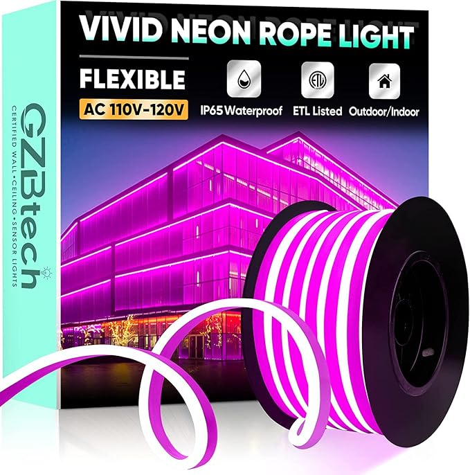 GZBtech Flexible LED Neon Rope Lights 33FT,AC 110-120V Waterproof Strip Light, 120 LEDs/M Cuttable Connectable Neon Lighting for Indoor Outdoor Home Decor/Commercial Building Use-Pink 10M