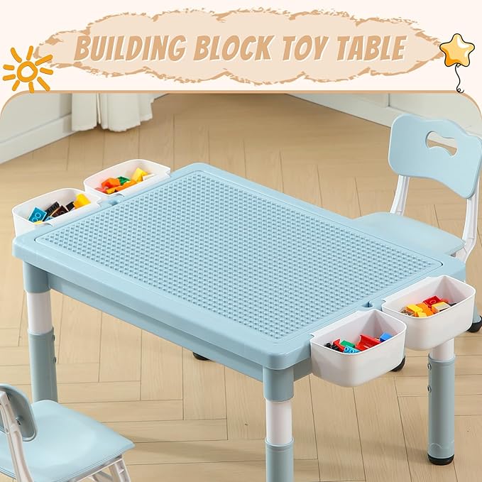 Multi Functional Kids Table and 2 Chairs Set, Graffiti & Building Blocks Double-Sided Tabletop, Toddler Play Table with Drawers, Large Storage Space, Gift for Boys/Girls, Blue