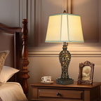 28.5" high Vintage Brown Table Lamps Set of 2 - Bedside Lamp with Faux Silk Shades - for Bedroom and Living Room with USB and Nightlight - Perfect for Nightstands and Bedrooms (Bulb Included)