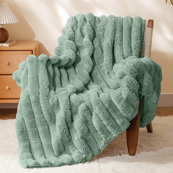 BEDELITE Faux Rabbit Fur Blanket, Luxurious 3D Striped Spring Blanket for Decor & Gift, Soft and Warm Plush Fluffy Faux Fur Throw Blanket All Seasons Suitable, (Sage Green, 50"x 60")