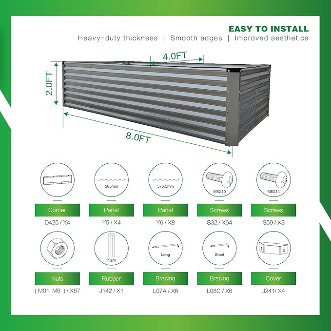 GARDMAX 8x4x2FT Galvanized Raised Garden Bed Kit, Metal Planter Boxes Outdoor with Easy Assembly, Large Garden Bed for Vegetables, Fruits, Flower, Herbs Rectangle Silver