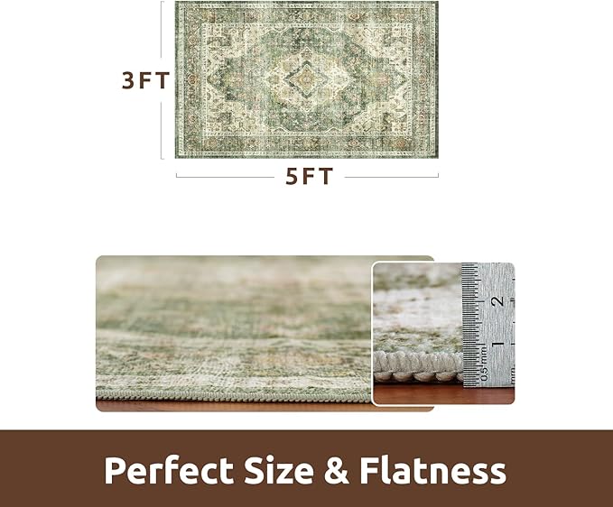 AMOAMI-3X5 Area Rug-Soft Washable Vintage Throw Accent Rugs for Living Room, Entryway, Bedroom, Kitchen, Bathroom, Laundry Room, Kitchen, Bathroom, Bedside, No Slip Green