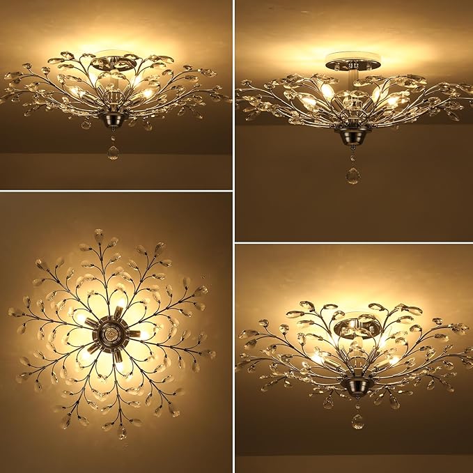 Ganeed Frozen Crystal Branch Close to Ceiling Light Chrome Silvery Vintage Chandelier with 5-Light Heads, Modern K9 Crystal Chandelier for Dining Room Living Room Bedroom Kitchen Over Table