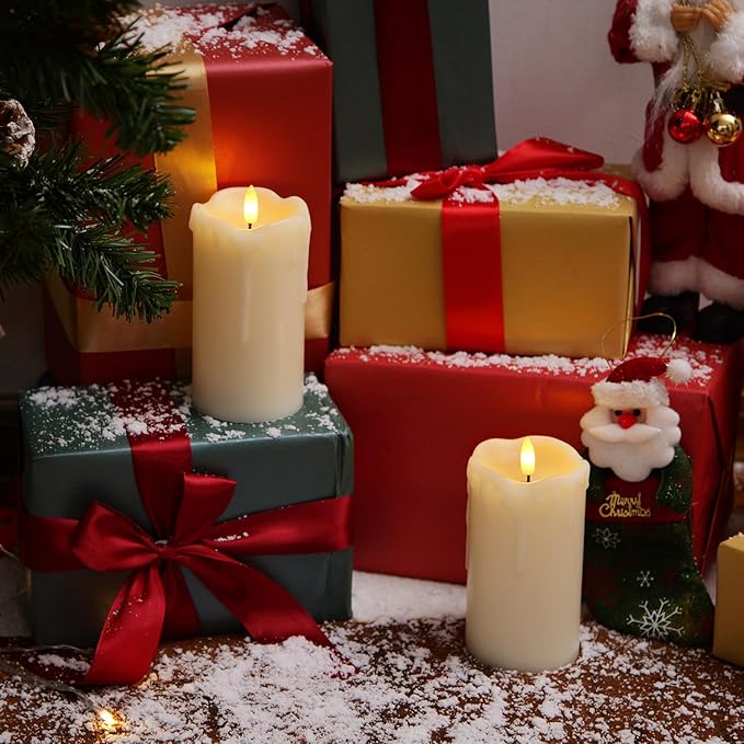 Homemory Dripping Wax Flameless Candles, Battery Operated Candles with Remote Control and Timers, LED Pillar Candles, Electric Fake Candles, 3" x 6", Set of 2