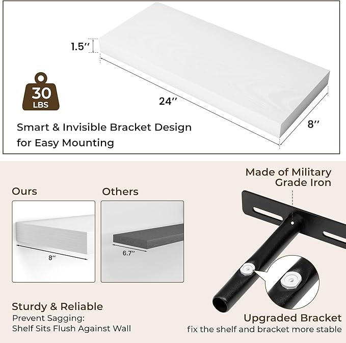 RICHFOCUS 24Inch Floating Shelves for Wall 2 Pack Shelves for Bedroom|Kitchen|Bathroom Wall Mounted Rustic Wood Floating Shelf with Invisible Brackets for Books|Storage|Decor, White