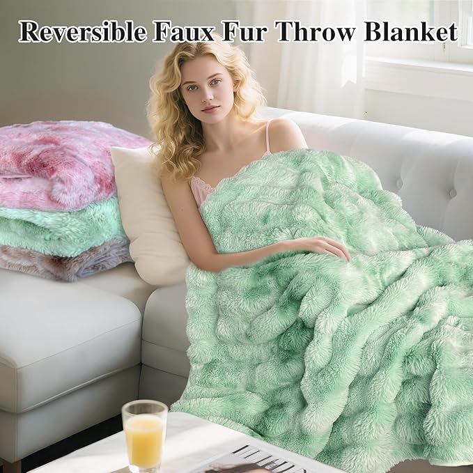 Bcareself Faux Fur Blanket Two Sided Ultra Soft Fluffy Reversible Fuzzy Throw Blanket for Women Men Double Sided Ombre Faux Luxe Faux Fur Thick Minky Blanket for Couch Bed