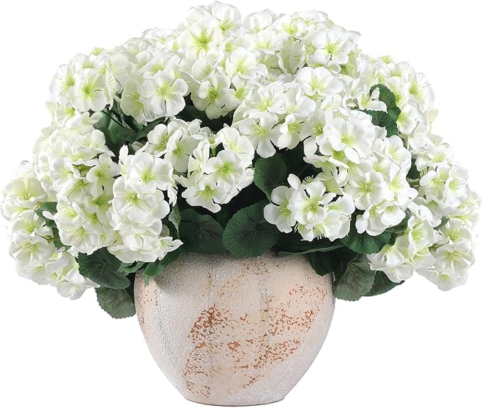 Hananona 12 Pcs Artificial Geranium Flowers for Outdoors Geranium Silk White Flower Outdoor UV Resistant Garden Plants Faux Flowers for Home Kitchen WeddingTable Centerpieces Decor (12, White)