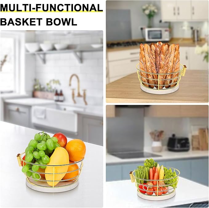 Livabber Countertop Fruit Basket Bowl with Banana Hanger, Modern Standing Fruit Vegetable Bowl Storage, with Banana Tree Holder for Kitchen Dinning Table (Round Marble, Gold)
