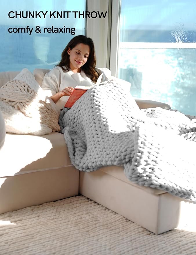 YnM Chunky Throw Blanket, Hand Knitted with Chenille Yarn, Skin Friendly, Ventilated and Breathable, Machine Washable, Home Décor Piece for Couch, Sofa and Bed (Glacier Grey, 60x80 Inch)