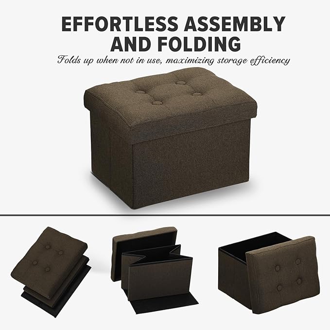 LINMAGCO Ottoman Storage Ottoman with Storage Small Foot Rest Stool Under Desk Stool Short Folding Footrest Linen Cloth Brown 16X12X12IN