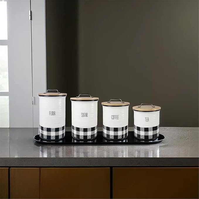 Young's Inc. 4 Pcs Set Plaid with Bamboo Lids Ceramic Canisters- Storage Container for Kitchen and Bathroom - Beautiful Home Decor Accent to Store Food, Coffee, Tea, and More - Black, White